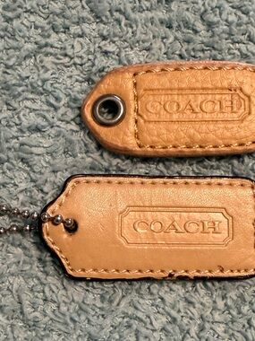 Pair Of Coach 2" Hang Tag Fob Bag Charm Tan Beige Leather Silver Ball Chain Logo